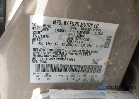 2006 Ford F-250 из США, поврежденный, VIN 1FTSW21PX6EA51581